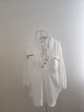 Hollywould White Sheer V-Neck Blouse with Zip Pockets & Lace Back Size S